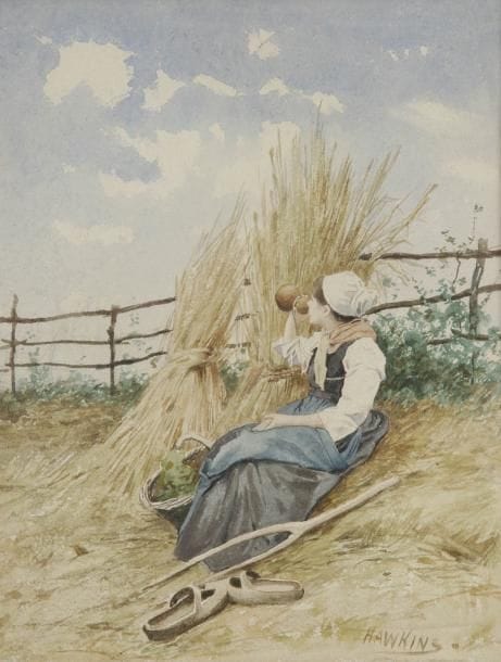 Louis-Welden HAWKINS (1849-1910)
Jeune paysanne au repos Aquarelle. Signée en bas à droite. 19 x 14,5 cm