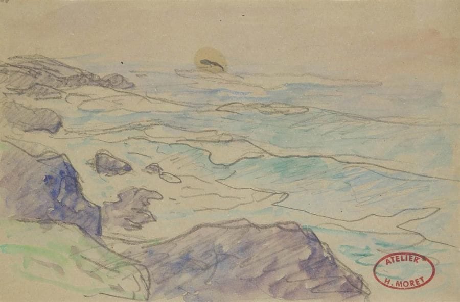 Henry MORET (1856-1913)
Bord de mer Dessin au fusain et aquarelle. Porte le cachet de la vente de l'atelier en bas à droite. (Lugt non décrit). 13,5 x 20 cm Provenance: Collection du docteur Pierre Amiel.