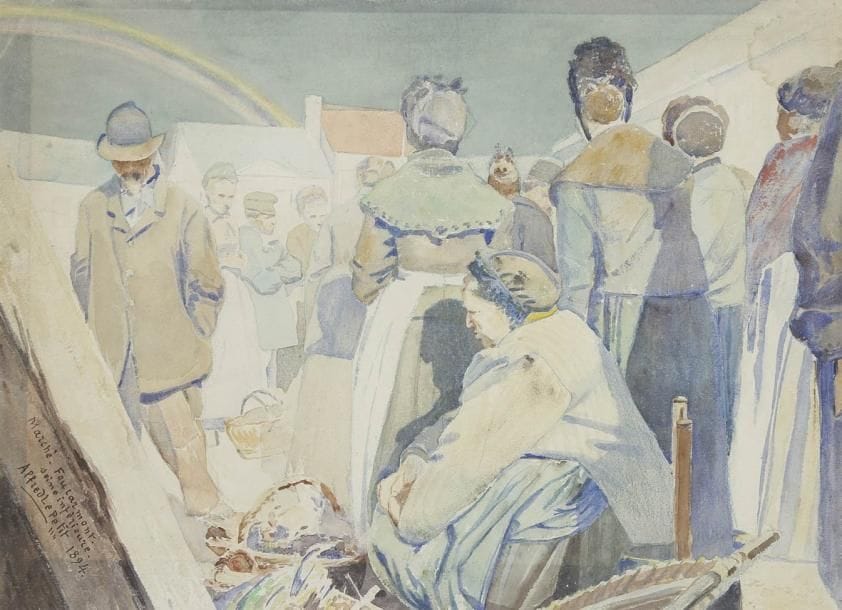 ALFRED LE PETIT (1841-1909)
Bretagne, marché Foucarmont, 1894 Aquarelle. Signée, datée et titrée en bas à gauche. 51 x 67 cm
