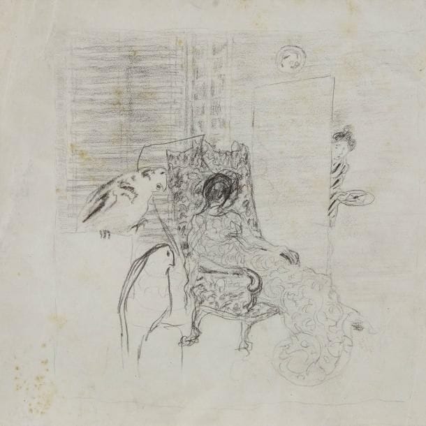Pierre BONNARD (1867-1947)
Femme assise dans un fauteuil et deux perroquets Dessin double-face au crayon noir. Non signé. (Petits plis et rousseurs). 18 x 18 cm Provenance: Succession de l'artiste.

Dessin préparatoire à une illustration de l’ouvrage de Victor Barrucand, D’un pays plus beau (1910). Le dessin ne fût finalement pas retenu.

Bibliographie : Œuvre en rapport : Gilles Genty, Bonnard inédits, Paris, Éditions Cercle d’art, 2006, un dessin similaire reproduit sous le numéro 538.
