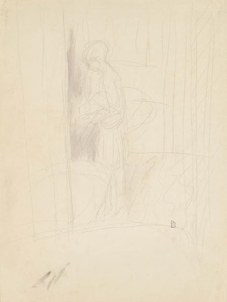 Pierre BONNARD (1867-1947)
Femme dans un intérieur Dessin à la mine de plomb et rehauts d'aquarelle. Porte le cachet du monogramme en bas à droite. (Lugt 3888). (Petits plis et infimes déchirures sur les bords du feuillets). 32,5 x 25 cm