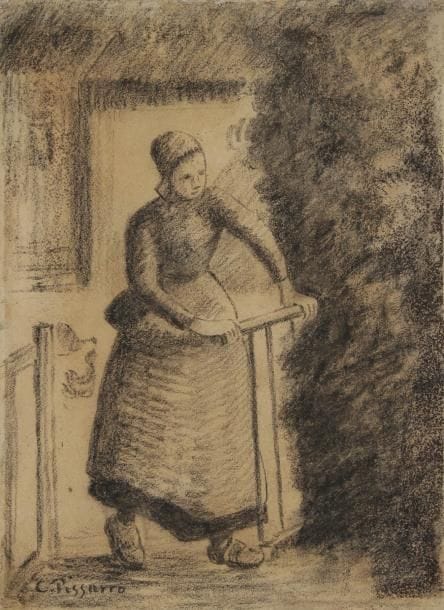 Camille PISSARRO (1830-1903)
Femme à la bannière Dessin au crayon noir. Signé en bas à gauche. (Papier doublé, restaurations, trace de moisissures). 25,5 x 19 cm Provenance: Ancienne galerie Marcel Guiot, Paris.