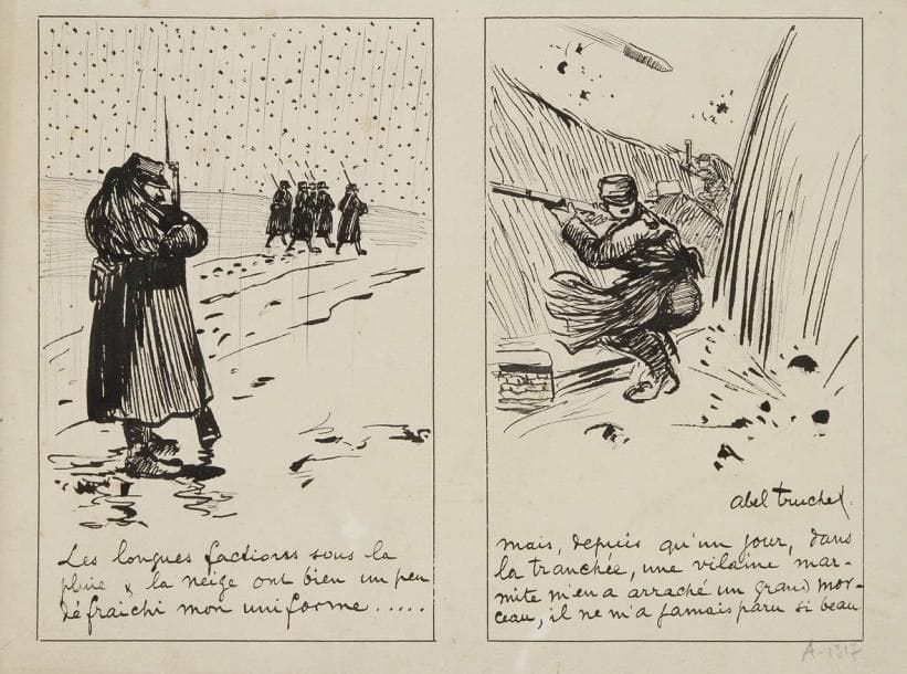 ABEL TRUCHET (1857-1918)
Scène de la guerre 14-18 Dessin à l'encre. Signé en bas à droite et légendé. 27 x 36 cm
