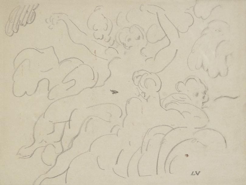Louis VALTAT (1869-1952)
Femmes dans les nuages Dessin au crayon. Porte le cachet du monogramme en bas à droite. (Lugt 1771bis). 23 x 29,5 cm
