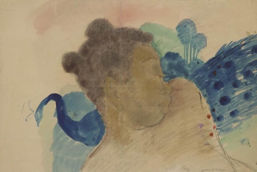 Georges MANZANA-PISSARRO (1871-1961)
Jeune femme noire au paon Aquarelle. Signée en bas à droite. (Plis et petites déchirures). 33 x 48 cm