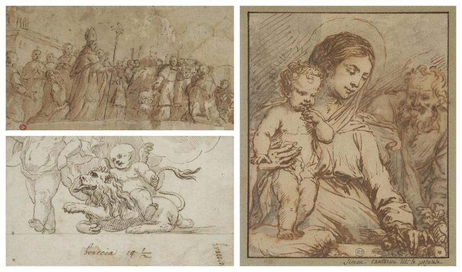 Ecole italienne du XVIIe siècle
La Sainte Famille Plume et encre brune, lavis brun et gris. 13 x 10,5 cm Annotée en bas à droite sur le montage Simon Contarini dit le pozareve (?) Porte en bas au centre le cachet d'une collection non identifiée (Lugt n° 1863) On y joint: École ITALIENNE du XVIIe siècle Un évêque bénissant une personne agenouillée et un cortège Plume et encre brune. 8,5 x 15,5 cm Porte en bas à droite le cachet de la collection Giacomo de Nicola (Lugt n° 1953a) et un cachet de collection illisible Des anges chevauchant un lion Plume et encre brune. 8,8 x 15 cm Annotée en bas à la plume Braccio 19 (?)