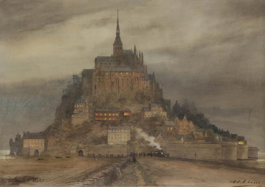 Henri ADAM (1864-1917)
Vue du Mont Saint-Michel de nuit, 1909 Aquarelle. Signée et datée en bas à droite. Située en bas à gauche. 47 x 65 cm