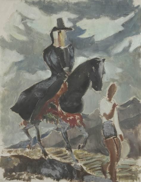 Jean Aujame (1905-1965)
Cavalier et pale frenier, 1934 Huile sur papier. Signée et datée en bas à gauche. 55 x 43 cm