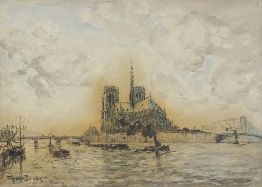 Frank-Myers Boggs (1855-1926)
Paris, la Seine à Notre-Dame Dessin au fusain et aquarelle. Signé en bas à gauche. (Trace d'insolation). 72 x 98 cm