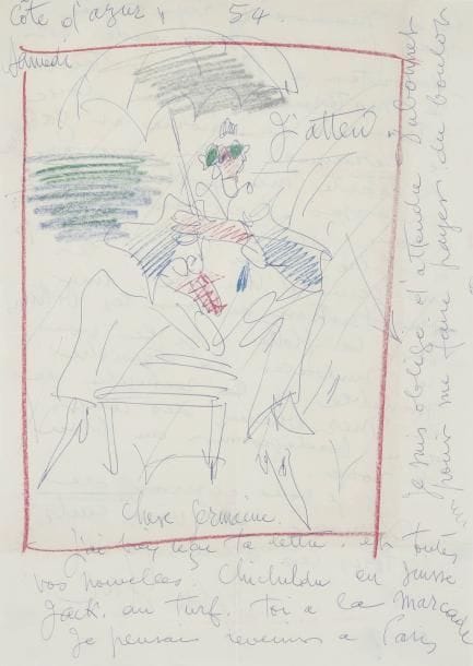 GEN-PAUL (1895-1975)
Côte d'Azur, 1954 Dessin au stylo bille et pastel gras. Sur une lettre de l'artiste. 39 x 28 cm