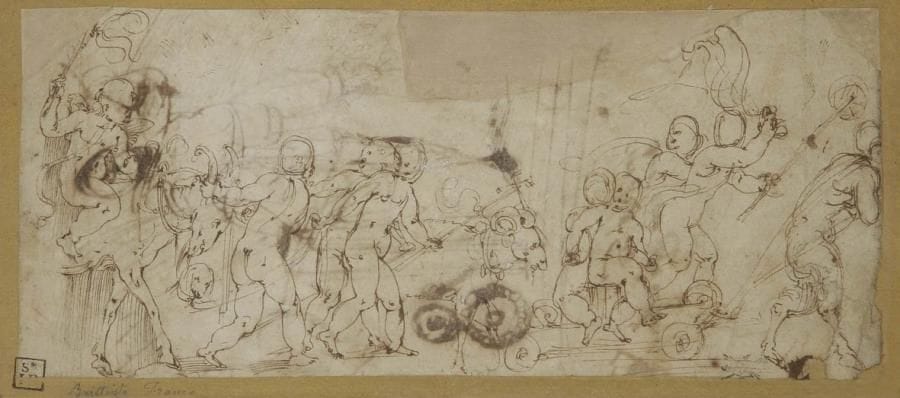 Attribué à Giovanni Battista FRANCO (1510-1580)
Cortège de putti Plume et encre noire. Porte une inscription en bas à gauche Battista Franco. Porte en bas à gauche le cachet de la collection Joshua Reynolds (Lugt n° 2364) et en bas à droite une ancienne étiquette de vente illisible. (Accidents). 12,5 x 25,5 cm