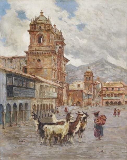 Henry SENE (1889-1961)
Cuzco, 1929 Huile sur toile. Signée, datée et située en bas à gauche. 81,5 x 65,5 cm Ce peintre connu pour ses scènes à sujet orientaliste, effectue également un voyage en Amérique du Sud et travaille à l'école des Beaux-Arts de la Paz en Bolivie.