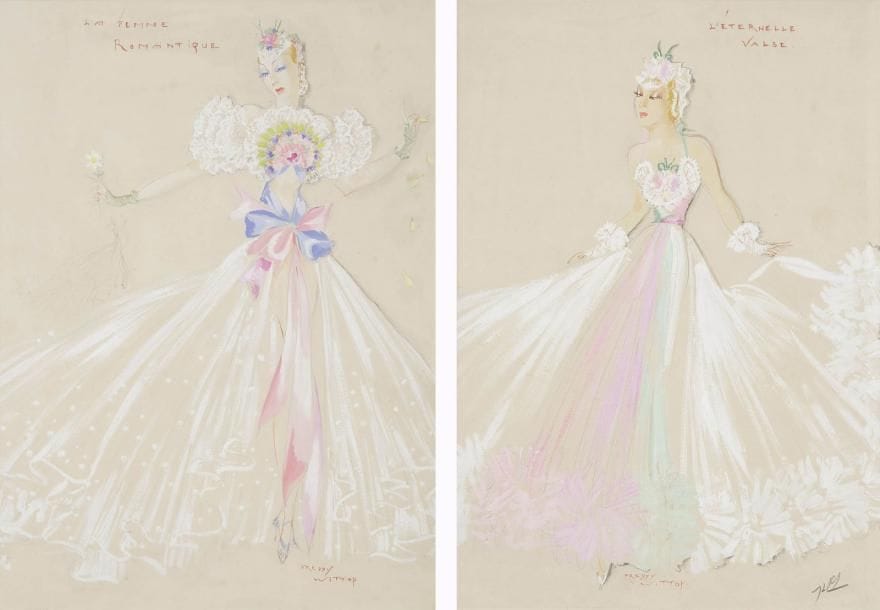 Freddy WITTOP (1912-2001)
L'Éternelle valse - La Femme romantique 2 dessins à la mine de plomb et gouache. Signés en bas au milieu. Titrés en haut. 37 x 28 cm chaque.