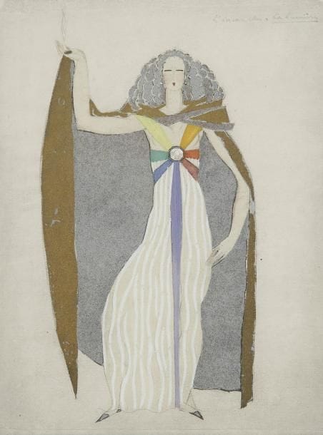 Georges LEPAPE (1887-1971)
L'Oiseau bleu: la Lumière Gouache. et peinture argent et or. Non signée. Titrée en haut à droite. 17 x 13 cm