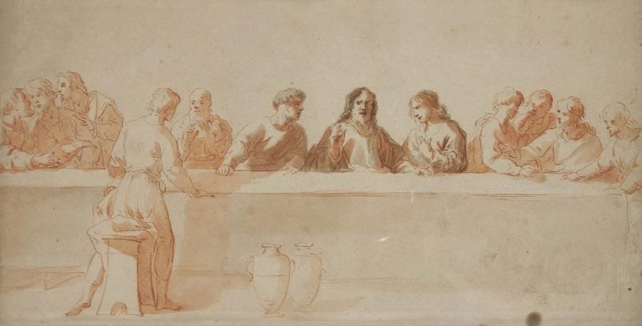 École FRANÇAISE du XVIIIe siècle
La Cène Plume et encre brune et rouge, lavis brun et rouge. 18,5 x 36,5 cm