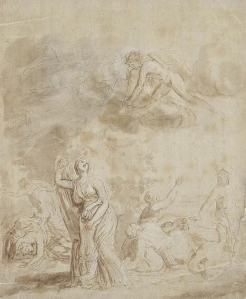 École FRANÇAISE du XVIIIe siècle
La Mort des enfants de Niobé Plume et encre brune, lavis brun, sur traits à la pierre noire. Porte en bas à droite et au verso le cachet d'une collection non identifiée (ne figure pas dans le Lugt). 30 x 25 cm