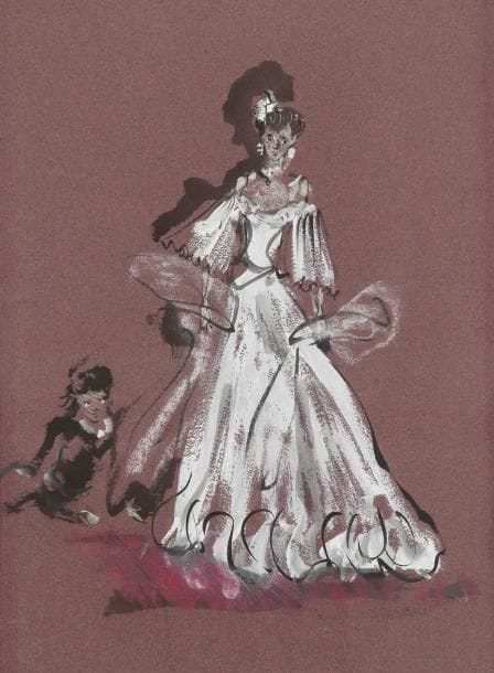 Christian BÉRARD (1902-1949)
Projet de costume pour Mozartiana de Tchaïkovski Gouache. sur papier lie de vin. Titrée au dos. 41,5 x 31,5 cm