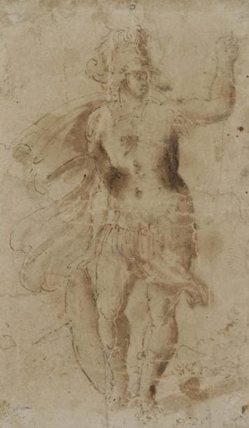 École romaine du XVIe siècle
Mars Plume et encre brune, lavis brun. (Usures). 21,5 x 12,5 cm