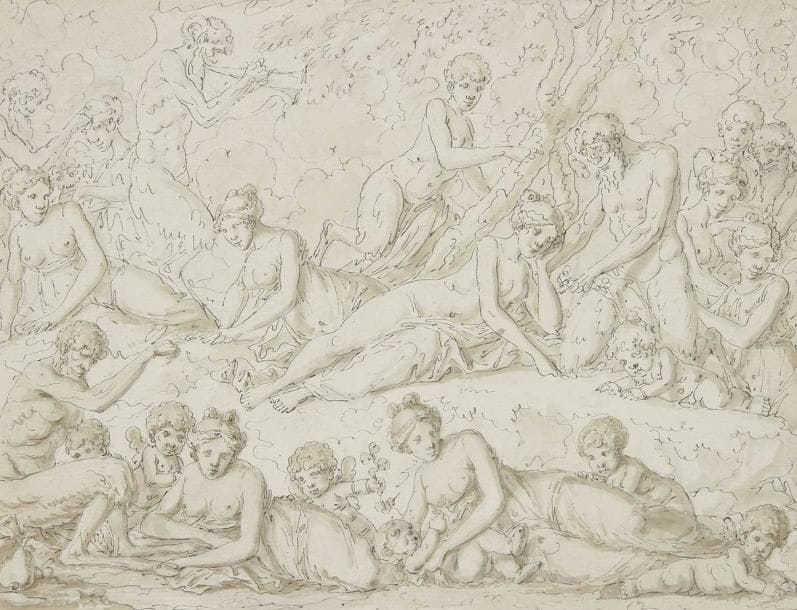 Louis Félix de La RUE (Paris 1730 - 1777)
Bacchanale Plume et encre grise, lavis brun. Signée en bas à droite sur le montage Delarue. 21 x 27,2 cm