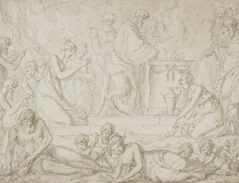 Louis Félix de La RUE (Paris 1730 - 1777)
Scène de sacrifice Plume et encre grise, lavis brun. Signée en bas à droite sur le montage Delarue. 21 x 27 cm