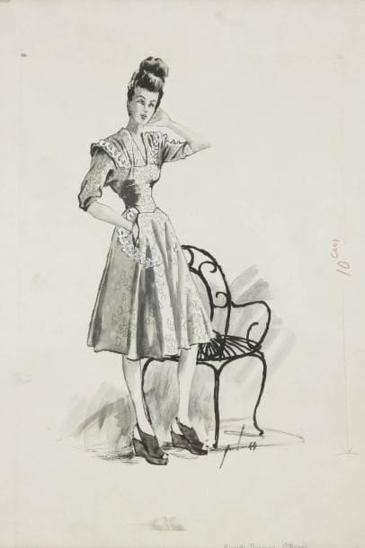 Pierre LOUCHEL (XXe siècle)
Femme au fauteuil de jardin, projet pour Marcelle Dormoy, 1944 Dessin à l'encre, lavis et rehauts de gouache. Signé et daté en bas à droite. (Pli, petit manque dans un angle et taches). 47 x 34,5 cm