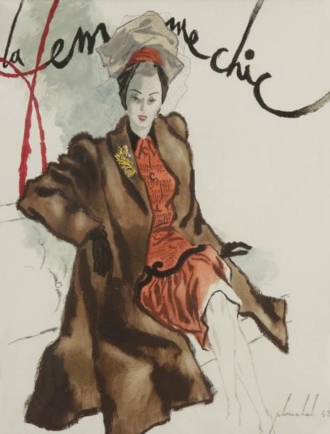 Pierre LOUCHEL (XXe siècle)
La Femme Chic, 1942 Dessin à l'encre et gouache. Signé et daté en bas à droite. 31 x 24 cm
