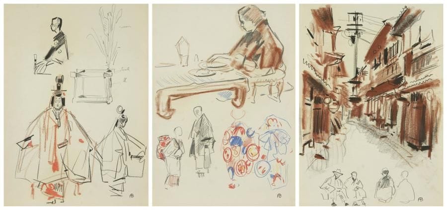 Albert BRENET (1903-2005)
Japon, étude de personnages, rue, 19523 dessins au fusain, crayon ou crayon gras. Monogrammés. 36 x 25,5 cm chaque.