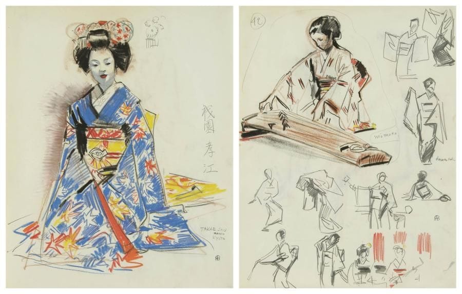 Albert BRENET (1903-2005)
Étude pour Les Maïkos de Kyoto, 19522 dessins au crayon gras. Monogrammés et l'un situé Kyoto. 42 x 33 cm chaque. Bibliographie: Albert Brenet, Peintre Reporter, Musée de la Marine, Paris, 1991, oeuvre définitive reproduit page 26 du catalogue.