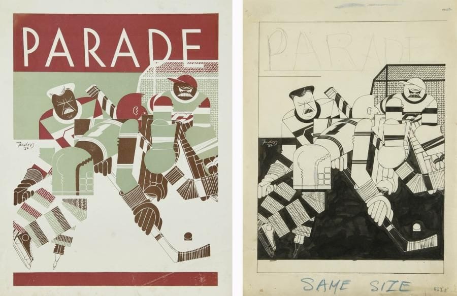 Charles TUDOR [américain] (XXe siècle)
Hockeyeur - Couverture pour Parade, 1932 Dessin à l'encre. Signé et daté sur la gauche. On y joint la maquette de couverture colorisée. 38 x 27,5 cm