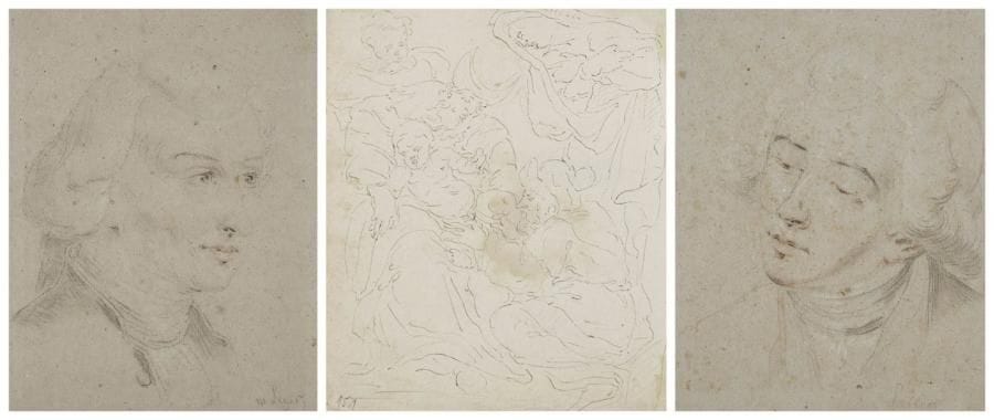 École FRANÇAISE du XVIIIe siècle
Deux portraits d'un jeune homme Paire de dessins, pierre noire, sanguine et rehauts de blanc sur papier beige. 30,5 x 23,5 cmOn y joint:École FRANÇAISE du XVIIIe siècle, La Circoncision, plume et encre noire, 17,5 x 14,5 cm