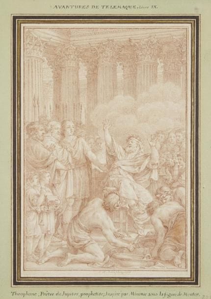 Charles-Nicolas II COCHIN (Paris 1715 - 1790)
Théophane, Prêtre de Jupiter, prophétise, inspiré par Minerve sous la figure de Mentor (Aventures de Télémaque - Livre IX) Sanguine. Signé et daté en bas au centre C N . Cochin f. delin. 1786. Titré en bas sur le montage. 21 x 14 cm Notre dessin est une illustration pour Les aventures de Télémaque de Fénelon. (voir C. Michel, Charles Nicolas Cochin et l'Art des Lumières, Rome, 1993, p. 166 et 167). Fénelon publia cette épopée qui se voulait également un traité de morale et de politique en 1699, à l'intention de ses élèves royaux, dont le duc de Bourgogne. Cet ouvrage provoqua sa disgrâce à la cour, mais également sa célébrité posthume, puisqu'il fut un des livres le plus édité entre 1699 et 1914. L'édition illustrée par Cochin parue en 1790.