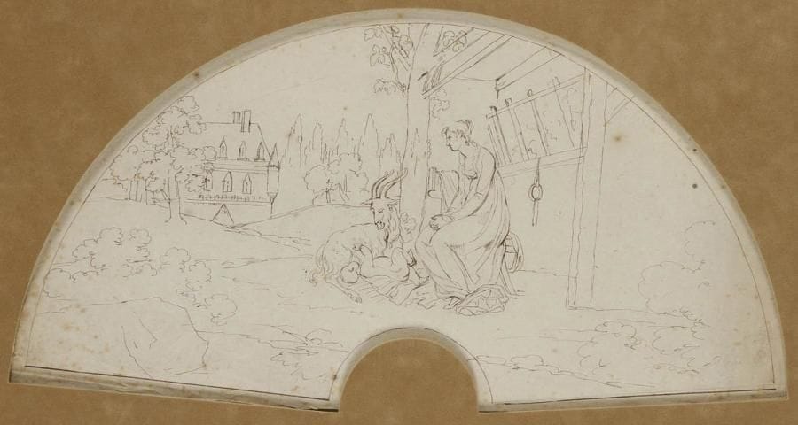 Jean-Henri MARLET (Autun 1771 - 1847)
Jeune bergère berçant son enfant, projet d'éventail. Plume et encre brune. 20 x 37,5 cm