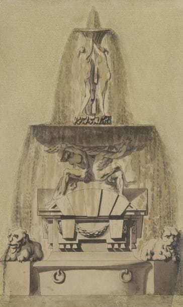École FRANÇAISE du XVIIIe siècle
Une fontaine à Rome Plume et encre noire, lavis gris. Un dessin de Johan Eric Rehn (1717 - 1793), reprend la même fontaine (vente anonyme, Londres South Kensington, Sotheby's, 15 décembre 1999, n° 205, reproduit). 26,5 x 17 cm
