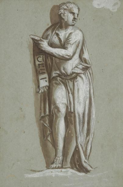École ITALIENNE du XVIe siècle
Figure de femme debout Lavis brun et rehauts de blanc sur papier bleu. 26,7 x 19,2 cm