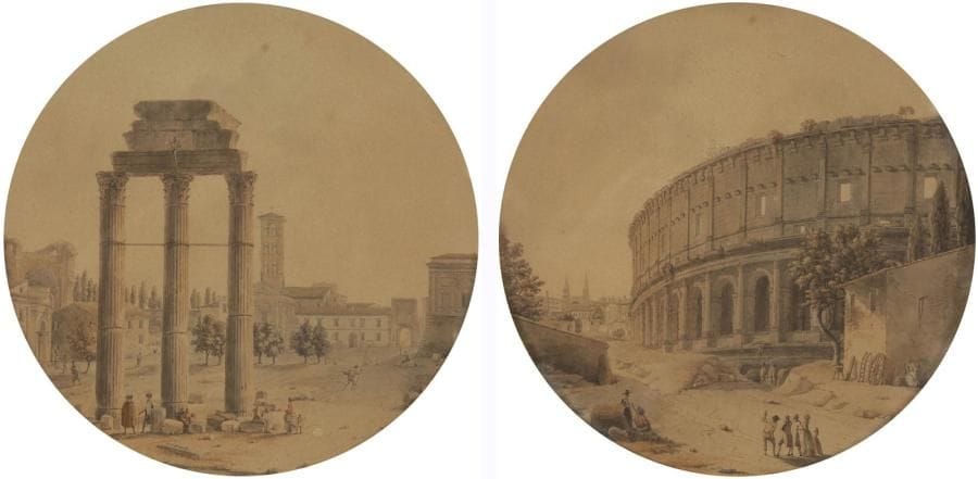 Victor Jean NICOLLE (Paris 1754 - 1826)
Promeneurs près du Colisée - Promeneurs dans le Forum romain, avec les ruines du temple des Dioscures et l'église sainte Françoise Romaine Paire de dessins à la plume et encre noire et grise, lavis gris et aquarelle. Signés en bas vers le centre sur une stèle V. J. Nicolle. Diamètre: 19,5 cm Victor Jean Nicolle se passionna pour l'architecture et les ruines antiques qui devaient devenir ses sujets de prédilection. Il effectua le traditionnel voyage en Italie où il visita Venise, Florence, Bologne, Naples et Rome. C'est surtout Rome qui le marqua et il y séjourna longuement à deux reprises en 1787 - 1789 puis 1806 - 1811.