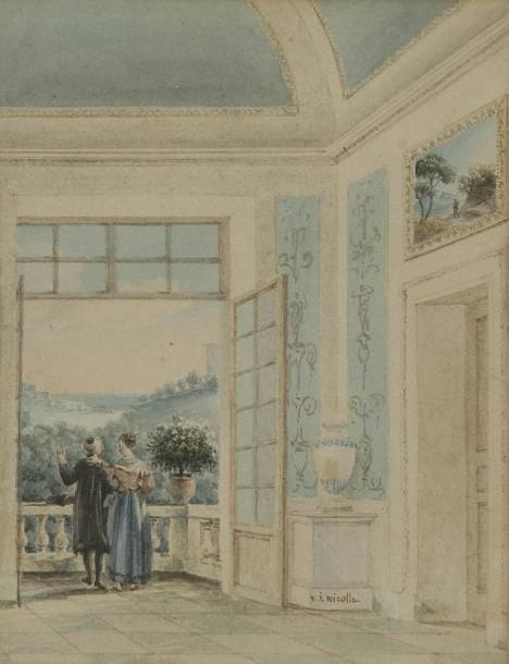 Victor Jean NICOLLE (Paris 1754 - 1826)
Une jeune femme et un ecclésiastique sur la terrasse d'une villa italienne Aquarelle sur traits à la pierre noire. Signée en bas à droite sur le piédestal V. J. Nicolle. 13 x 10,2 cm