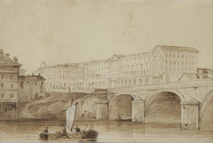 Attribué à Antoine-Louis GOBLAIN (né en 1779)
Vue du pont Marie à Paris Plume et encre brune, lavis brun et rehauts de blanc sur traits à la pierre noire. 9 x 12 cm