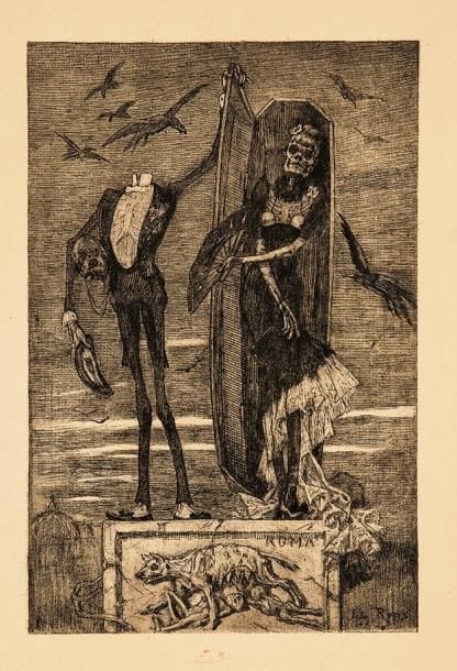 Félicien Rops (1833-1898)
Le Vice suprême. 1884. Héliogravure et traits d'eau-forte. 192 x 276. Exsteens 364; Rouir fig. 17. Très belle épreuve sur vergé, signée des initiales au crayon rouge sous le sujet. Pli oblique dans le quart supérieur gauche du feuillet, hors du sujet. Trace claire d'oxydation à l'ouverture d'un ancien montage. Toutes marges