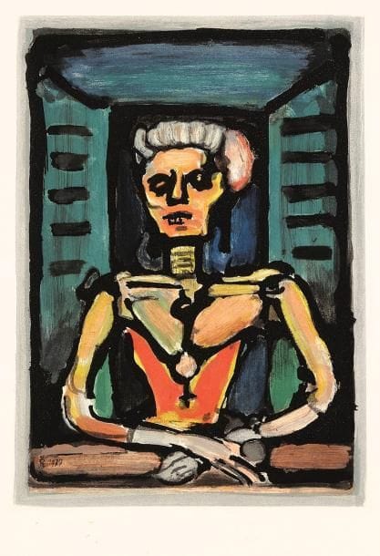 Georges ROUAULT (1871-1958)
Fière autant qu'un vivant, de sa noble stature... Pl. pour Les Fleurs du mal. 1936-1938. Eau-forte, aquatinte et roulette. 220 x 305. Chapon-Rouault 277. Impression en couleurs. Parfaite épreuve sur vélin. Toutes marges. Tirage à 250 épreuves