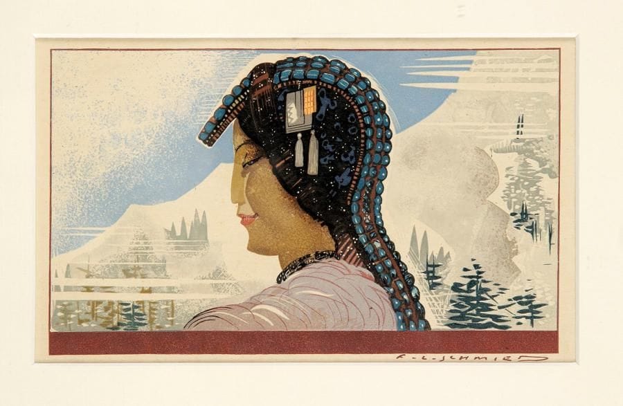 François-Louis SCHMIED (1873-1941)
Femme asiatique de profil. Pl. pour R. Kipling, Kim. Traduit par Louis Fabulet et Ch. Fountaine-Walker. Illustrations de F. L. Schmied, Lausanne, Gonin et Cie, 1930. Gravure sur bois. À vue : 160 x 95. Impression en couleurs. Très belle épreuve sur simili-japon. Marges. Cadre