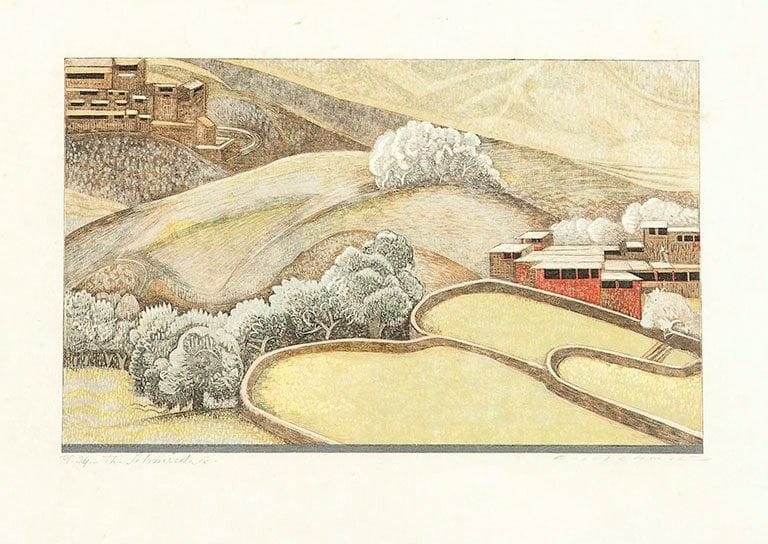 François-Louis SCHMIED (1873-1941)
Paysage de l'Atlas. Pl. pour le Général Catroux et F.-M. et Théo Schmied, Sud-Marocain. Grand-Atlas. Anti-Atlas. Trente planches gravées sur bois en couleur par Théo Schmied d'après les tableaux de son père F.-L. Schmied, Paris, Théo Schmied, 1936. Gravure sur bois. 247 x 152. Impression en couleurs. Très belle épreuve sur japon nacré, annotée et signée à la mine de plomb. Toutes marges. Cadre