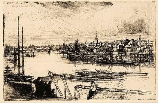Sir Francis Seymour Haden (1818-1910)
Battersea Reach ou Old Chelsea (Out of Whistler's Window). 1863. Eau-forte et pointe sèche. 224 x 150. Harrington 52; Schneiderman 48. Belle épreuve sur vergé mince, du 4e état (sur 9) selon Schneiderman, avant de nouveaux travaux. Fine trace claire d'oxydation autour du sujet. Petites marges normales