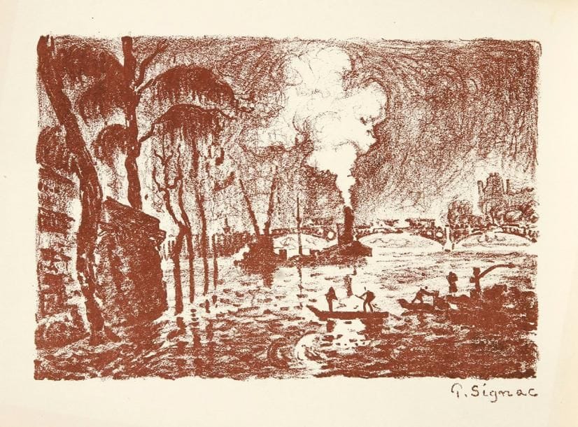 Paul SIGNAC (1863-1935)
La Seine en crue, en 1910. 1923. Lithographie. 222 x 150. Kornfeld et Wick 23. Impression en brun. Très belle épreuve sur vélin glacé, du 1er état (sur 2), avant effaçage de la signature lithographiée (tirage de l'affiche pour l'exposition de la Neue Galerie de Vienne avec le texte découpé comme la plupart du temps). Petites marges