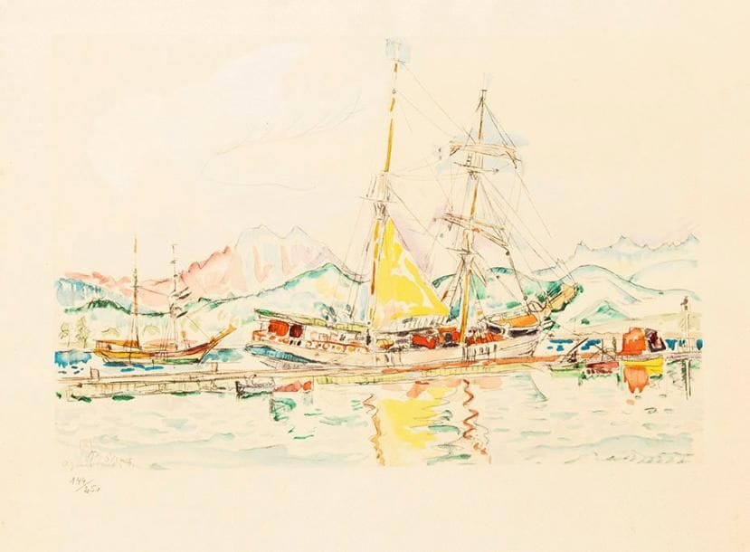 Paul SIGNAC (1863-1935) (d'après)
Voiliers à Ajaccio. Vers 1950-1960. Procédé Spitzer. 430 x 280. Impression en couleurs. Très belle et fraîche épreuve sur vélin, numérotée à la mine de plomb et revêtue du timbre sec de l'éditeur au recto et de son justificatif de tirage au verso. Infimes rousseurs. Toutes marges. Tirage à 250 épreuves