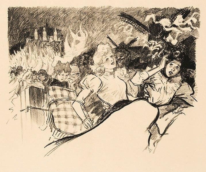 Théophile-Alexandre STEINLEN (1859-1923)
Femmes fuyant (l'incendie du Bazar de la Charité ?). Vers 1900. Lithographie. 360 x 270. Crauzat non décrit. Très belle épreuve sur vergé. Toutes marges. Provenance : succession d'Auguste Clot, imprimeur lithographe