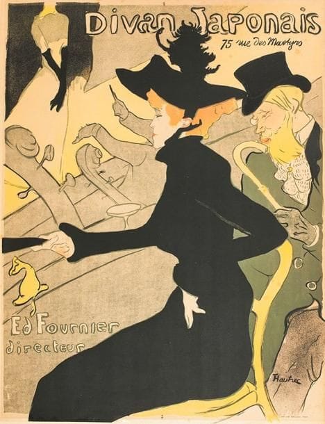 Henri de TOULOUSE-LAUTREC (1864-1901)
Divan Japonais. Affiche. 1892-1893. Lithographie. [622 x 805]. Delteil 341; Wittrock P 11; Adriani 8. Impression en couleurs. Très belle épreuve collée sur carton, légèrement oxydée, mais fraîche de couleurs. Quelques rousseurs éparses. Petit manque en pied hors du sujet. Autre petit manque dans la marge gauche. Toutes marges