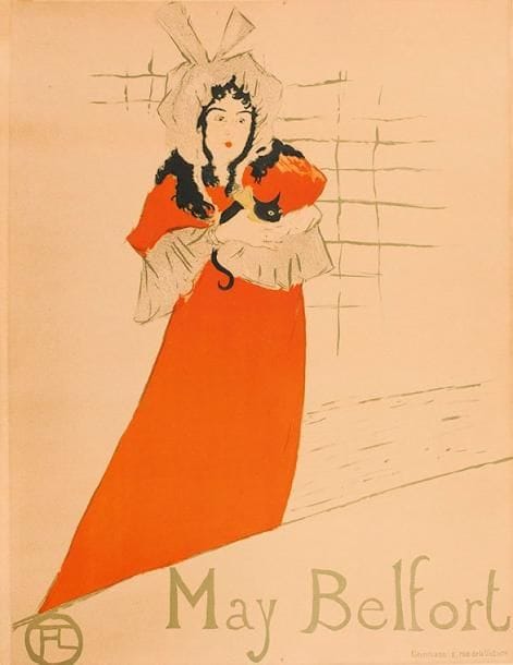 Henri de TOULOUSE-LAUTREC (1864-1901)
May Belfort. Affiche. 1895. Lithographie. [620 x 805]. Delteil 354; Wittrock P 14. Impression en couleurs. Très belle épreuve collée sur carton, légèrement oxydée, mais fraîche de couleurs. Petites traces d'oxydation et quelques rousseurs éparses. Toutes marges