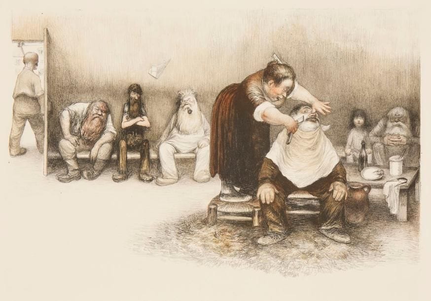 Jean VEBER (1864-1928)
La Barbière. 1903. Lithographie. 405 x 255. Veber et Lacroix 80. Impression en couleurs. Parfaite épreuve sur vélin blanc. Toutes marges. Tirage à 100 épreuves. Provenance : succession d'Auguste Clot, imprimeur lithographe