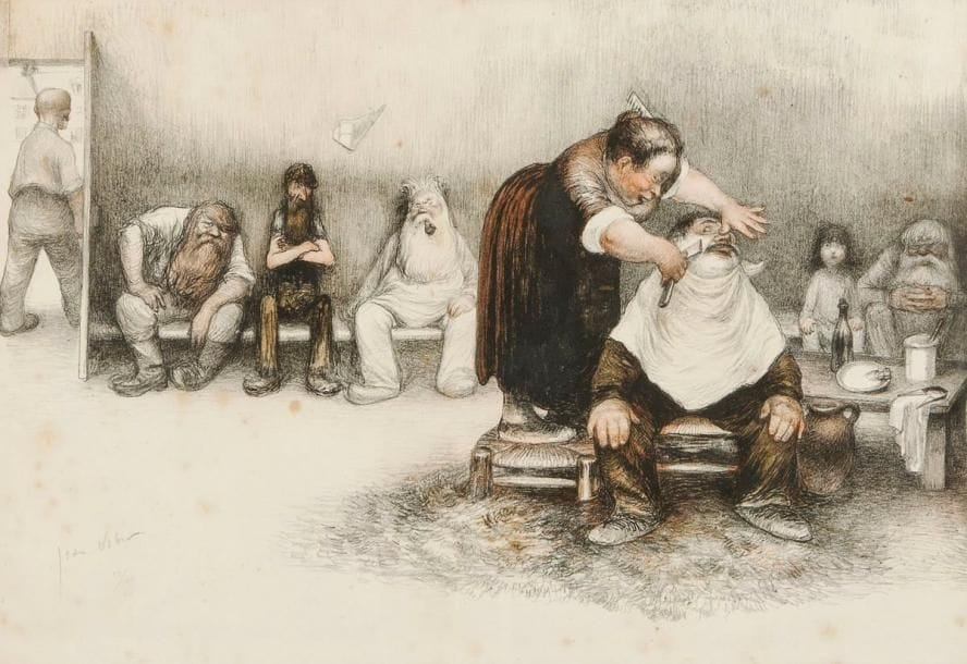 Jean VEBER (1864-1928)
La Barbière. 1903. Lithographie. À vue : 405 x 280. Veber et Lacroix 80. Belle épreuve sur vélin, signée et numérotée à la mine de plomb. Rousseurs claires éparses et traces d'oxydation. Marges. Tirage à 100 épreuves. Cadre