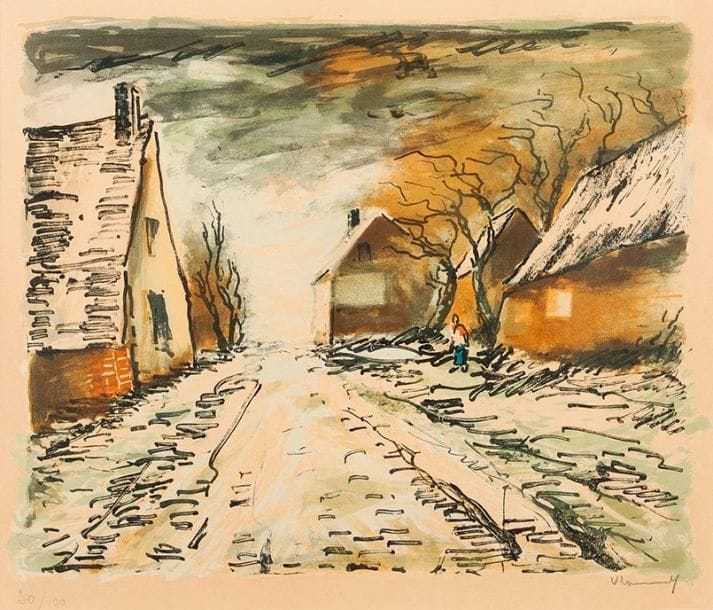 Maurice de Vlaminck (1876-1958)
Village sous la neige. Vers 1930. Lithographie. À vue : 500 x 425. Walterskirchen non décrit. Impression en couleurs. Belle épreuve sur vélin, oxydée, numérotée et signée à la mine de plomb. Marges. Tirage à 300 épreuves. Cadre